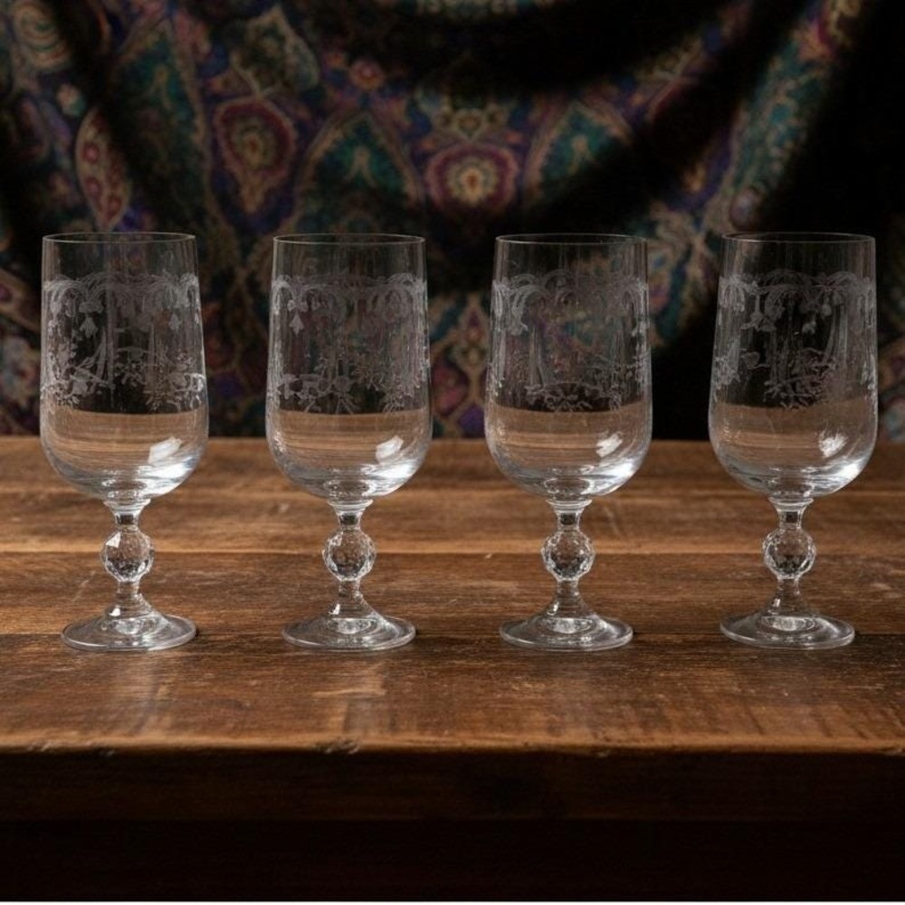 Bohemia Crystal Cascade Etched Wine Glasses Goblets Set of 4 *